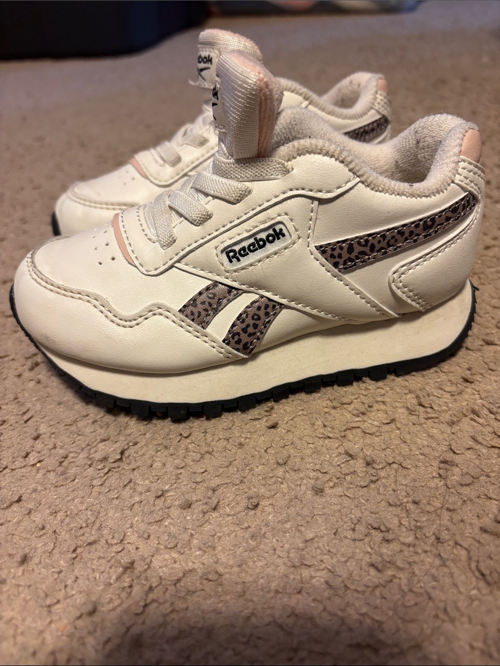 Reebok Kids White Sneakers with Pink Leopard Trim